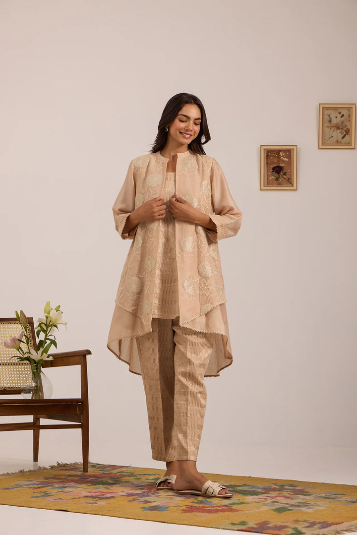 Beige High-Low Tissue Embroidered Chanderi Jacket Set with Tissue Inner and Pants