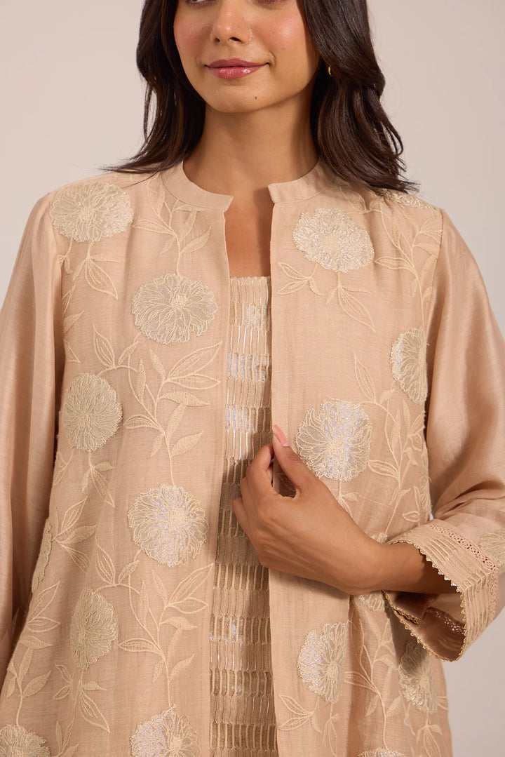 Beige High-Low Tissue Embroidered Chanderi Jacket Set with Tissue Inner and Pants
