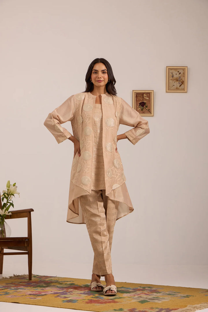 Beige High-Low Tissue Embroidered Chanderi Jacket Set with Tissue Inner and Pants