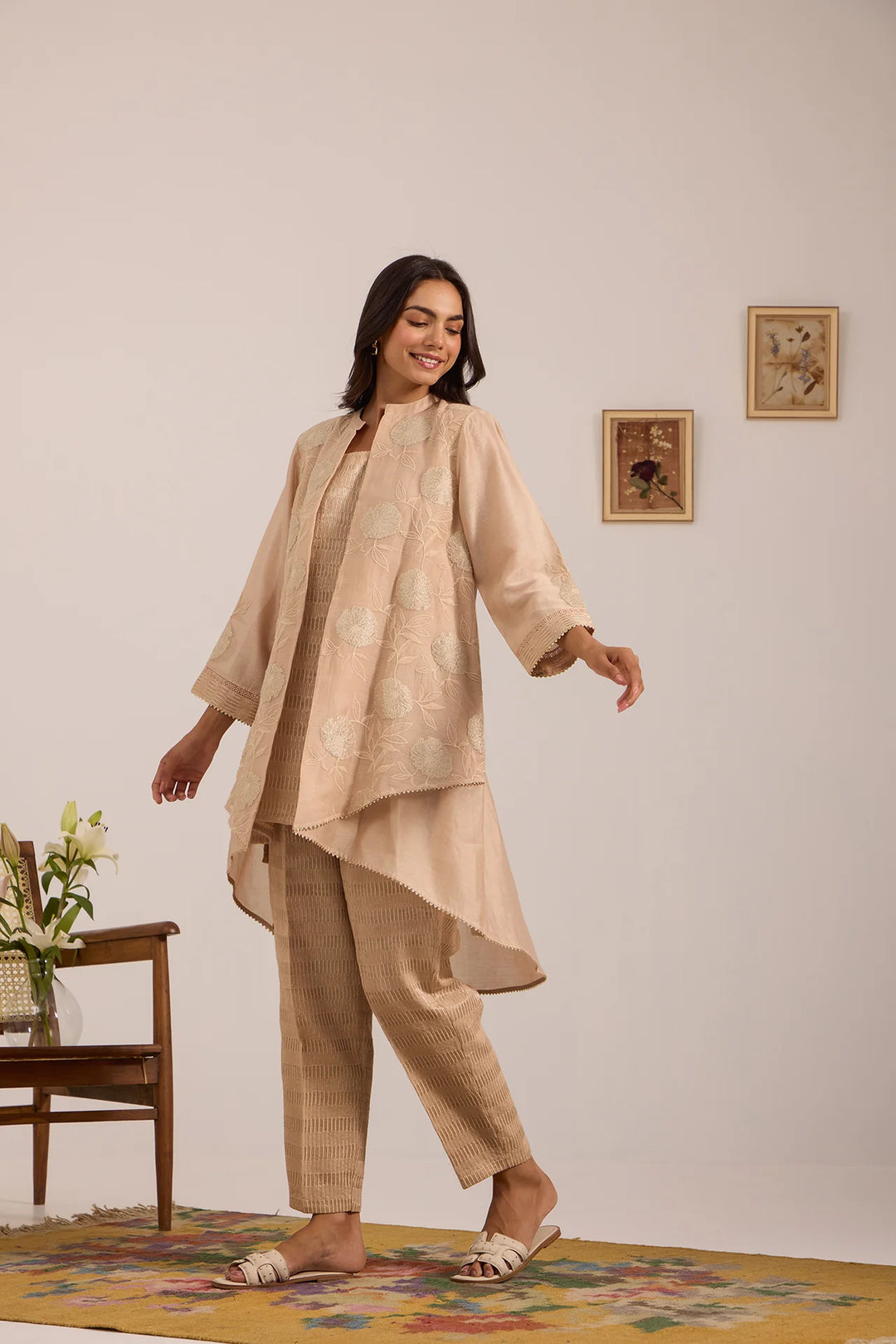 Beige High-Low Tissue Embroidered Chanderi Jacket Set with Tissue Inner and Pants
