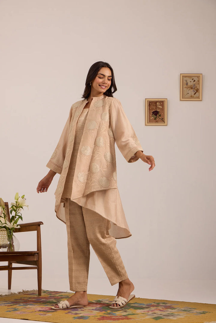 Beige High-Low Tissue Embroidered Chanderi Jacket Set with Tissue Inner and Pants