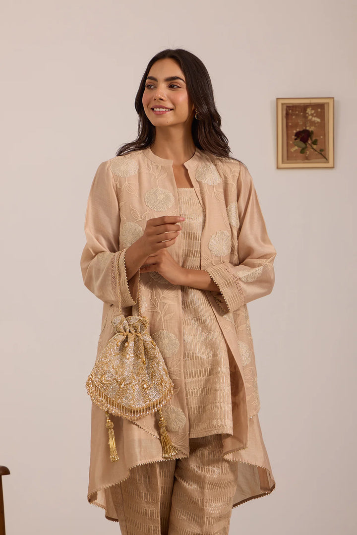Beige High-Low Tissue Embroidered Chanderi Jacket Set with Tissue Inner and Pants