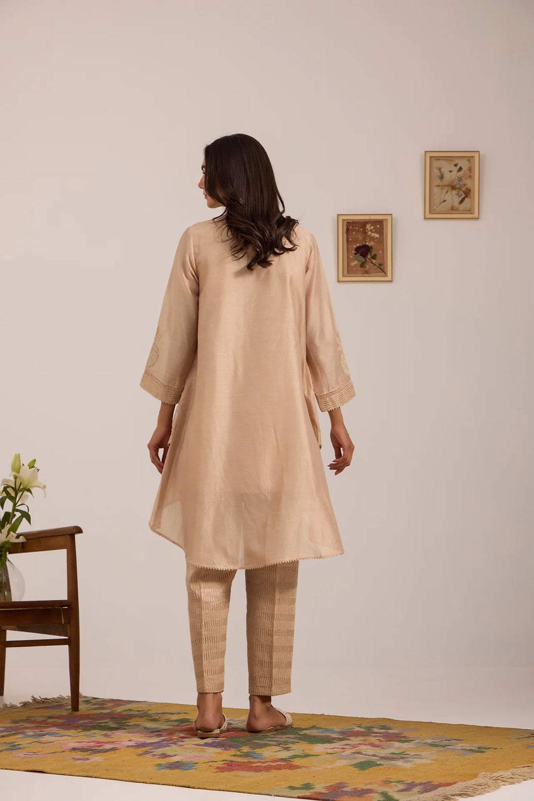Beige High-Low Tissue Embroidered Chanderi Jacket Set with Tissue Inner and Pants