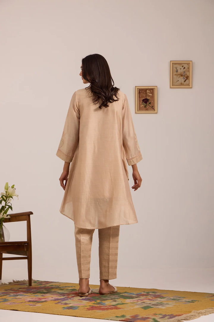 Beige High-Low Tissue Embroidered Chanderi Jacket Set with Tissue Inner and Pants