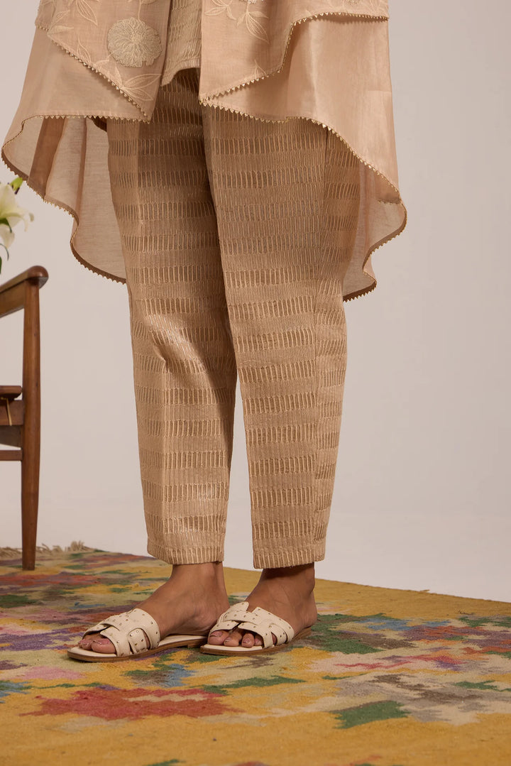 Beige High-Low Tissue Embroidered Chanderi Jacket Set with Tissue Inner and Pants