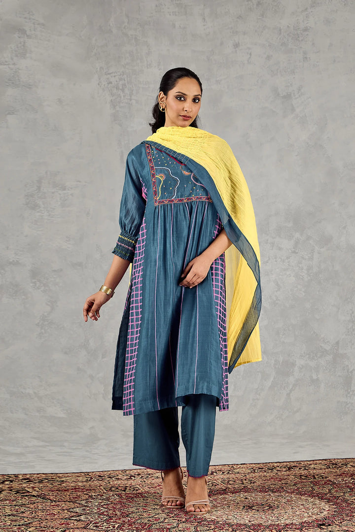 Blue Long Abstract Yoke Kurta Set