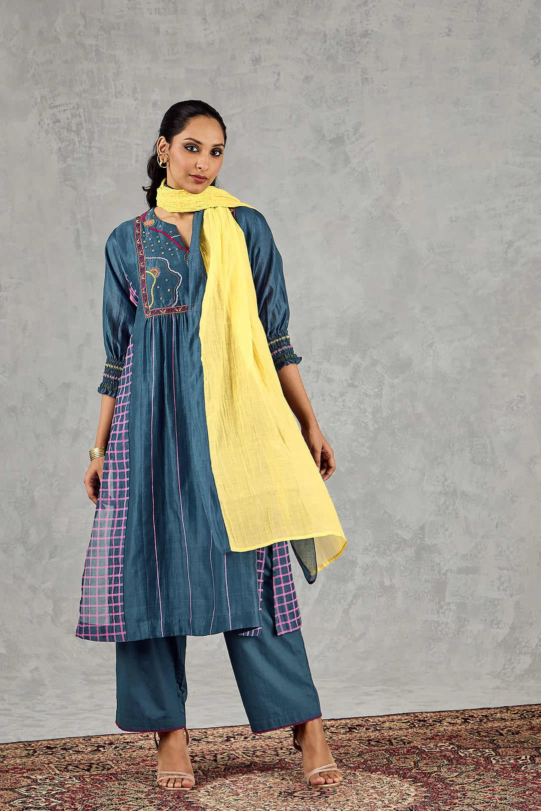 Blue Long Abstract Yoke Kurta Set
