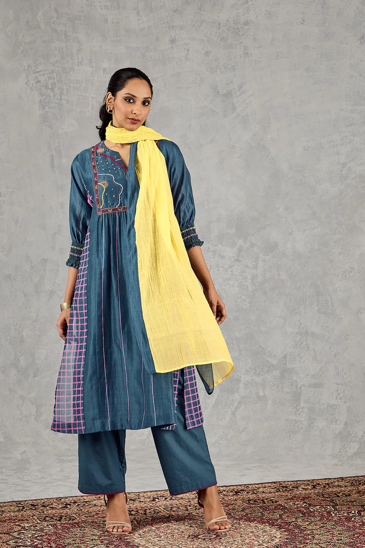 Blue Long Abstract Yoke Kurta Set