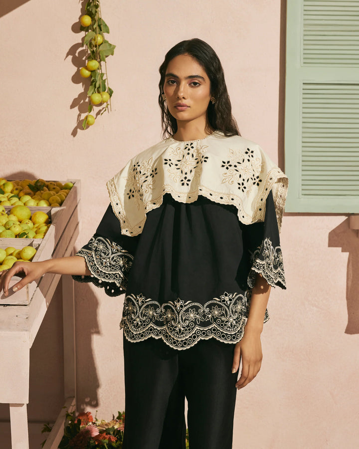 Black Contrast Cutwork Collar Top