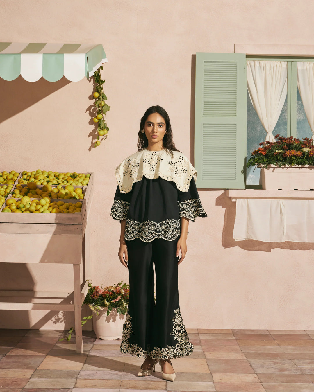 Black Contrast Cutwork Collar Top