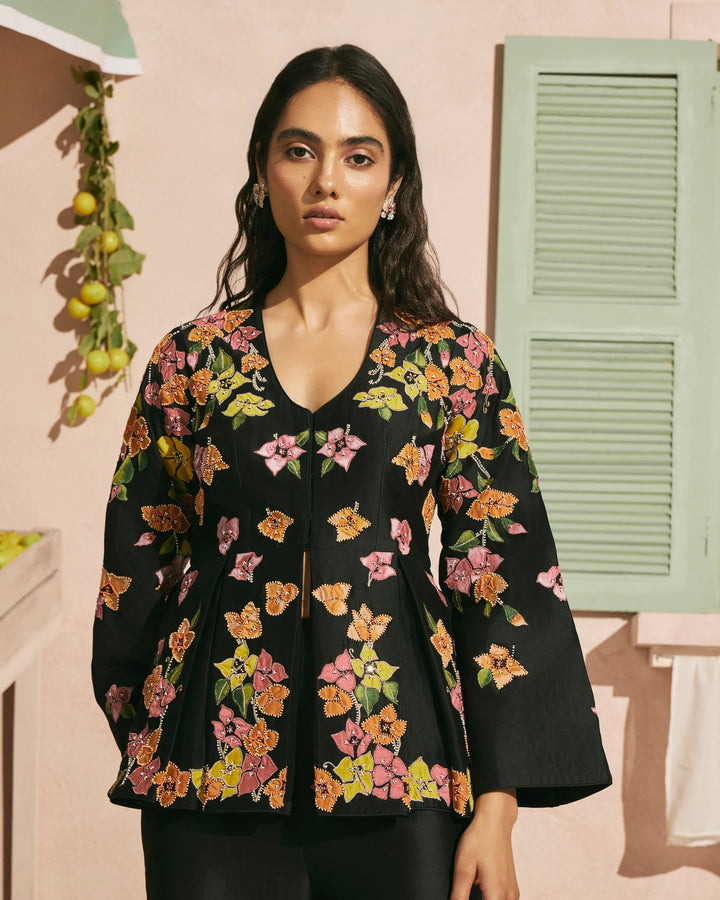 Black Bougainvillea Pleated Jacket