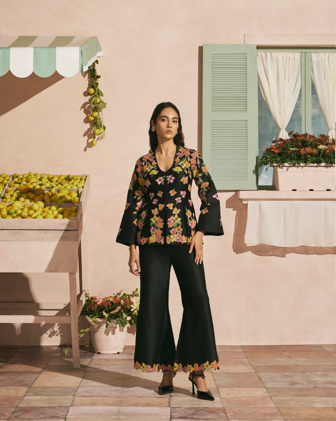 Black Bougainvillea Pleated Jacket