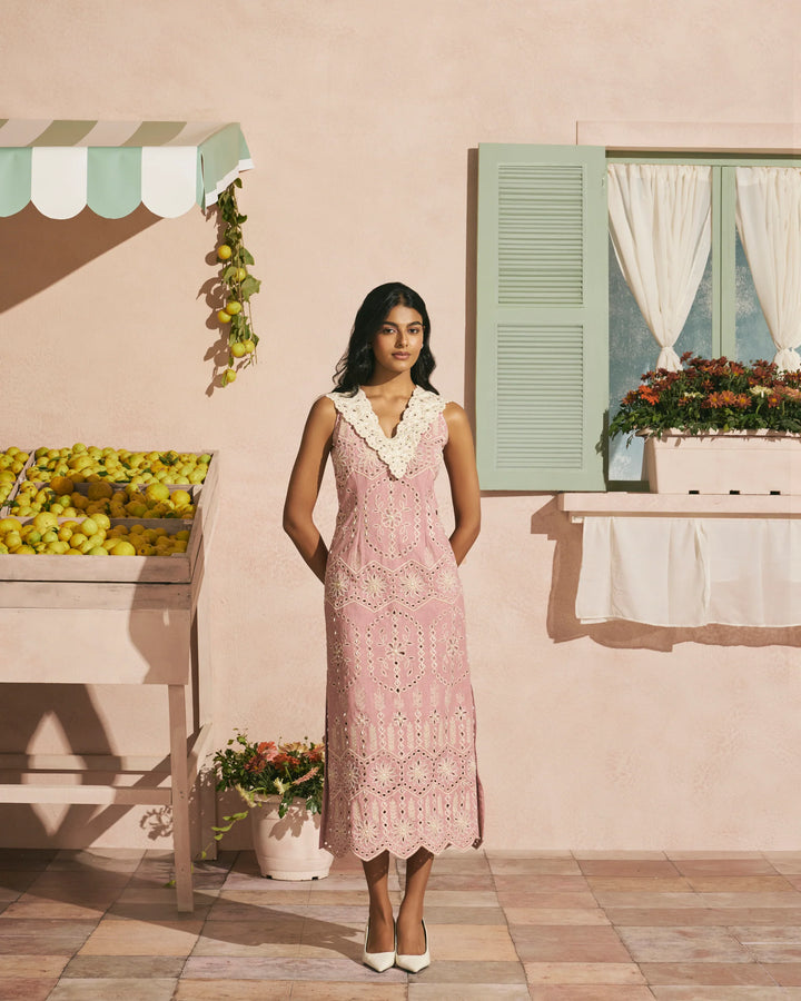 Blush Contrast Cutwork Straight Dress
