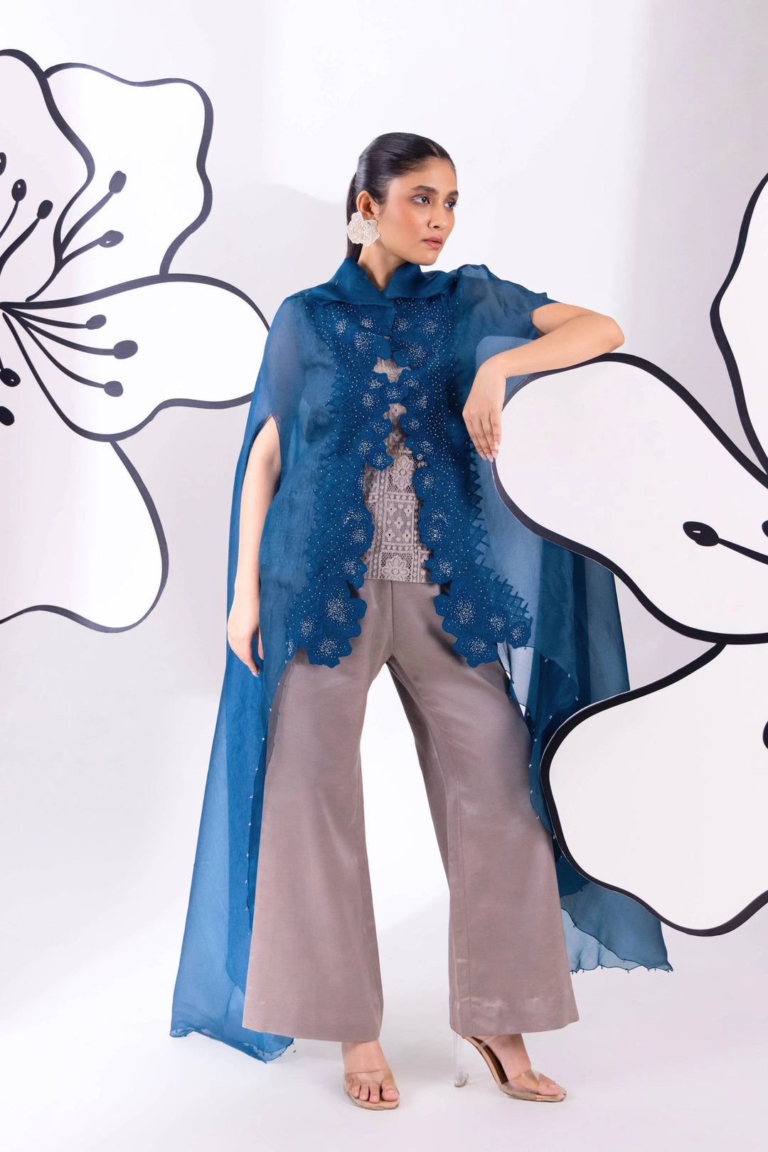 Blue Organza WaveBorne Cape with Top and Pant