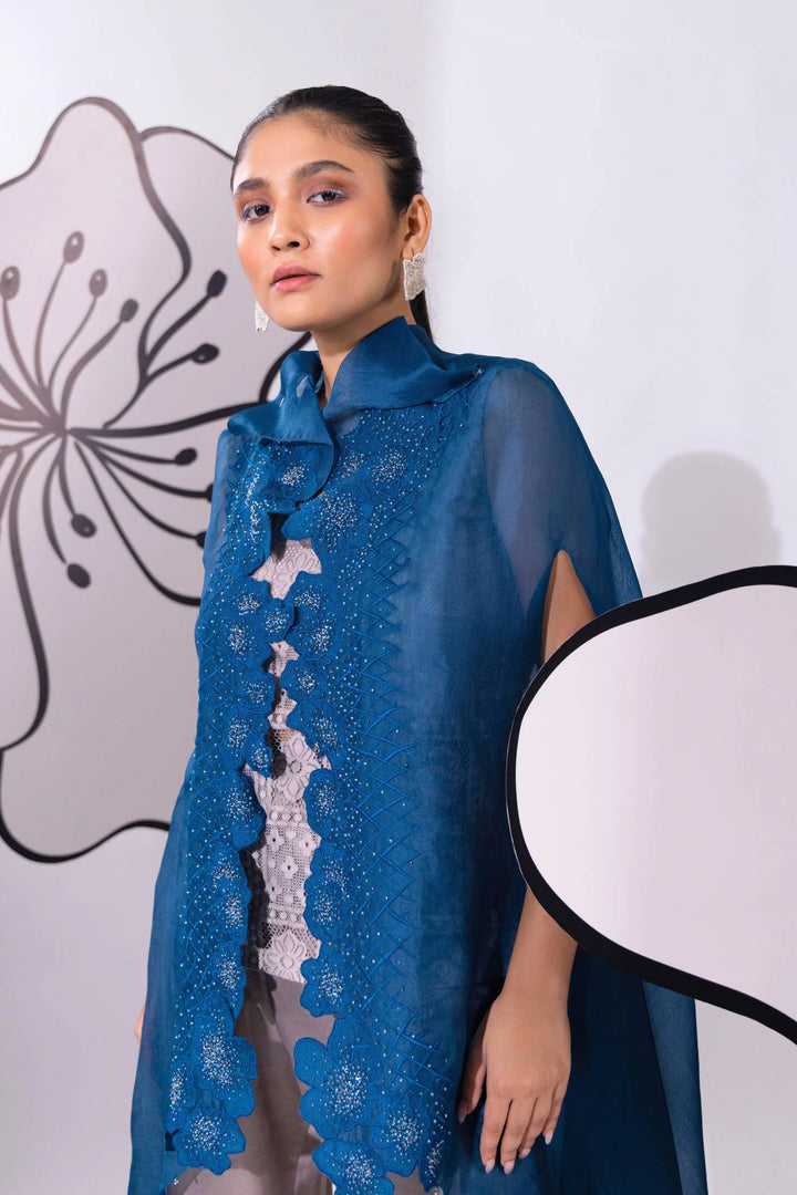 Blue Organza WaveBorne Cape with Top and Pant