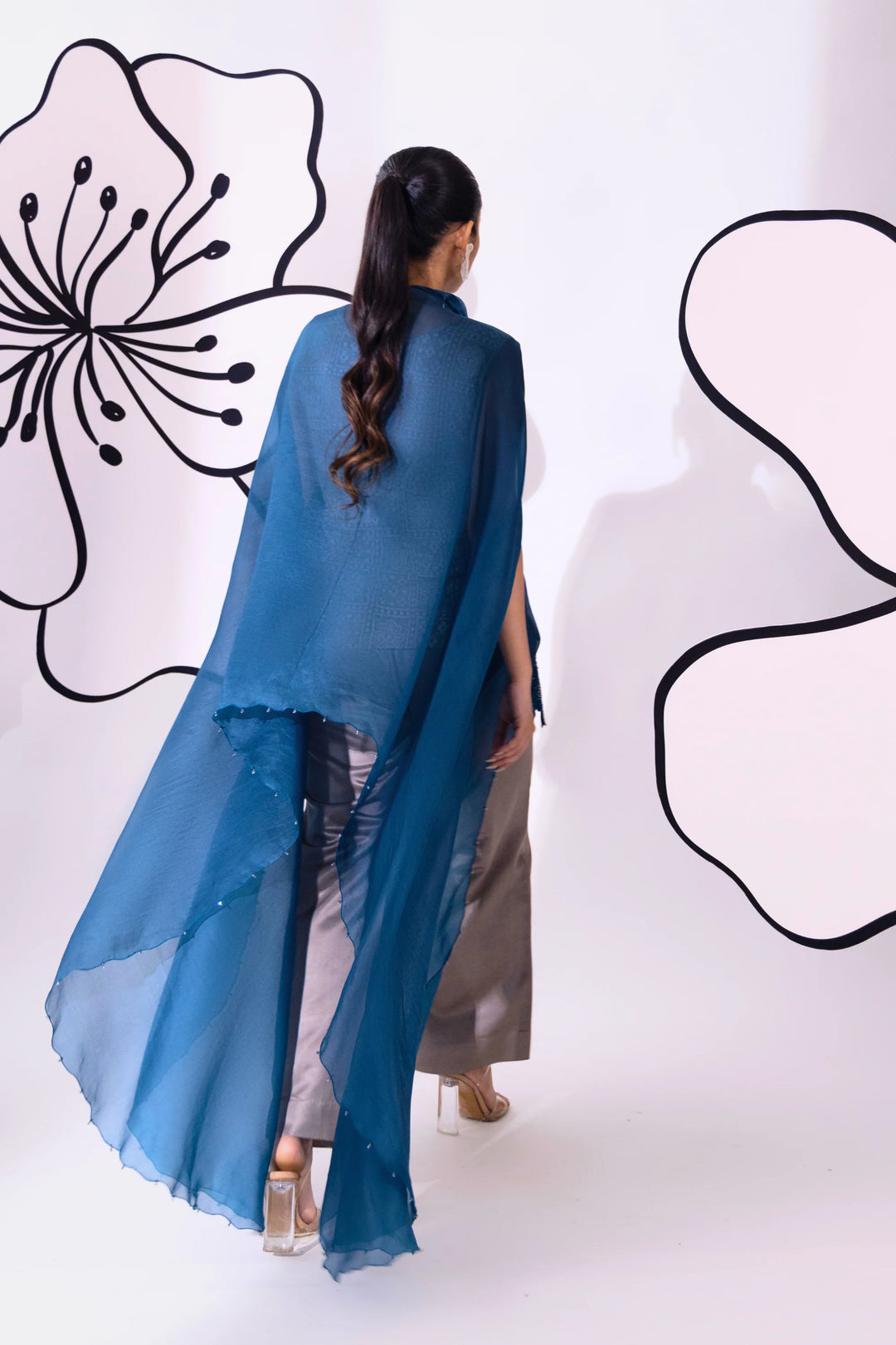Blue Organza WaveBorne Cape with Top and Pant