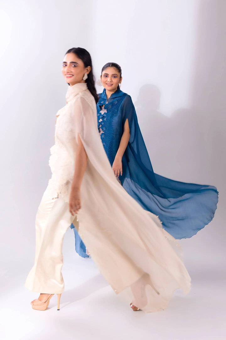 Blue Organza WaveBorne Cape with Top and Pant