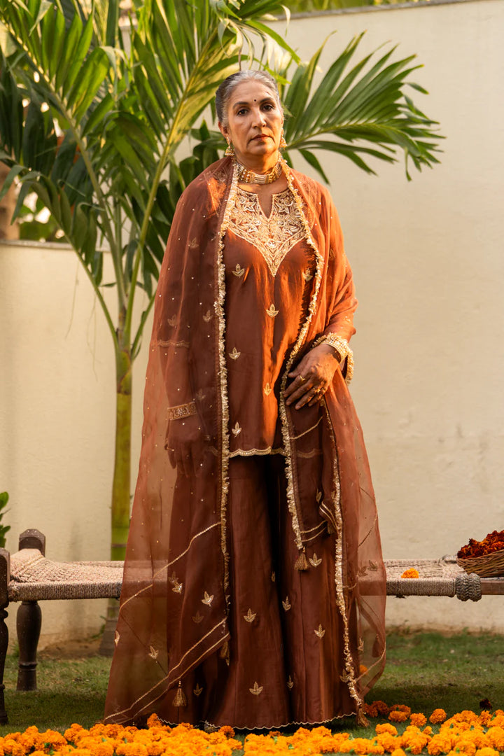 Brown moti daman sharara set