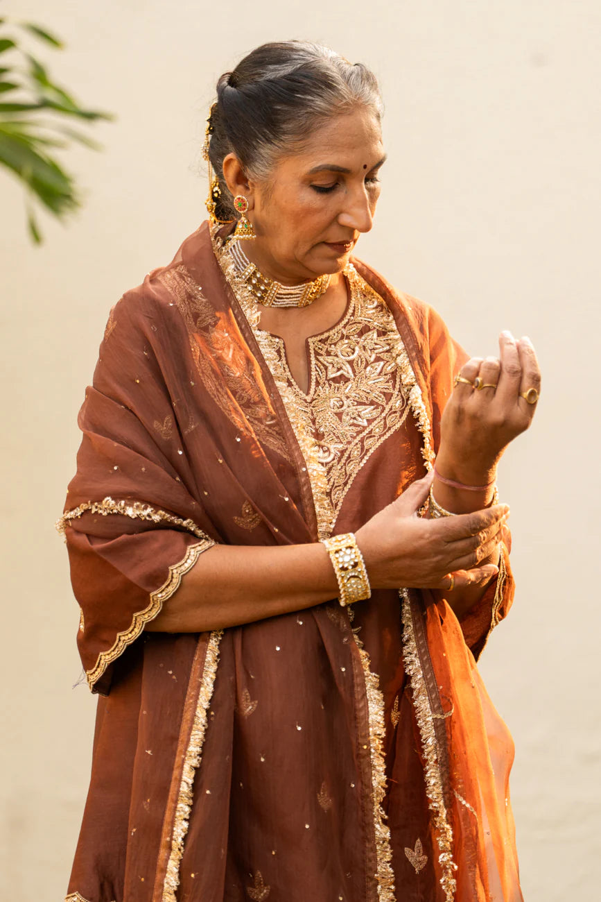 Brown moti daman sharara set