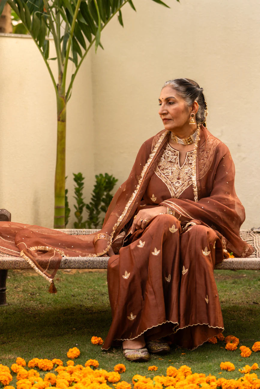 Brown moti daman sharara set