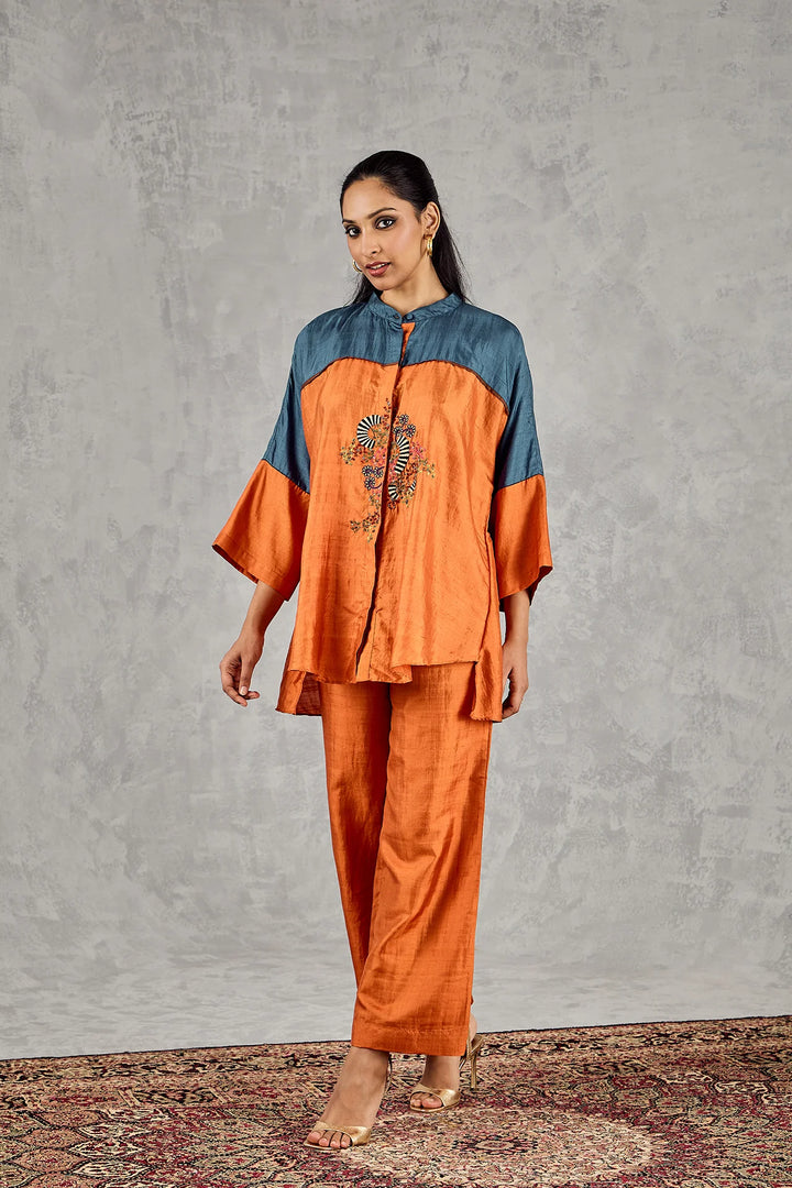 Burnt Orange and Blue Colourblock Namah Tunic Set
