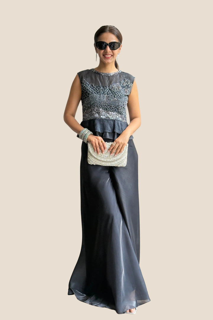 Blue Crop Peplum Organza Top with Pant