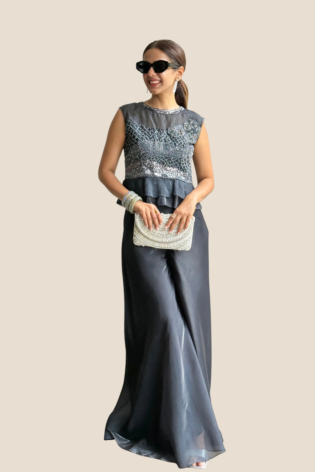 Blue Crop Peplum Organza Top with Pant