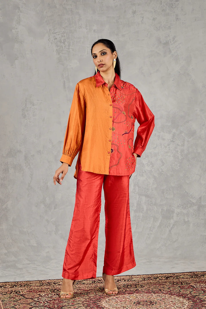 Burnt Orange and Red Colour Block Embroidered Co-Ord Set