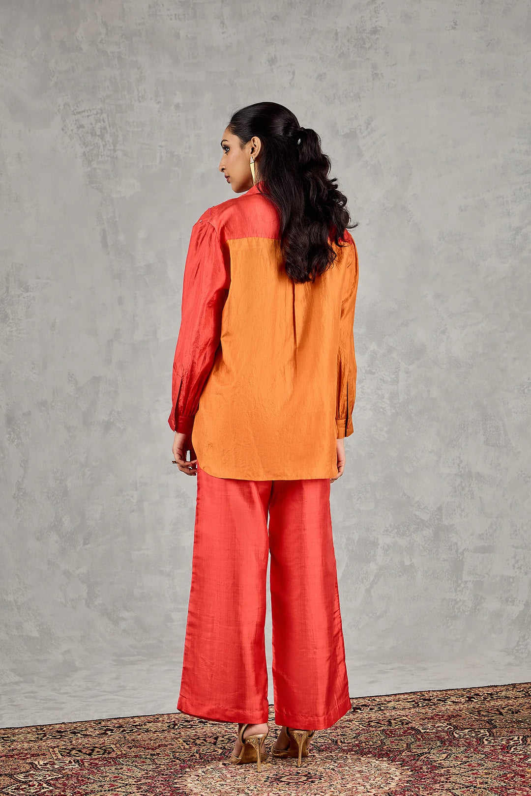Burnt Orange and Red Colour Block Embroidered Co-Ord Set
