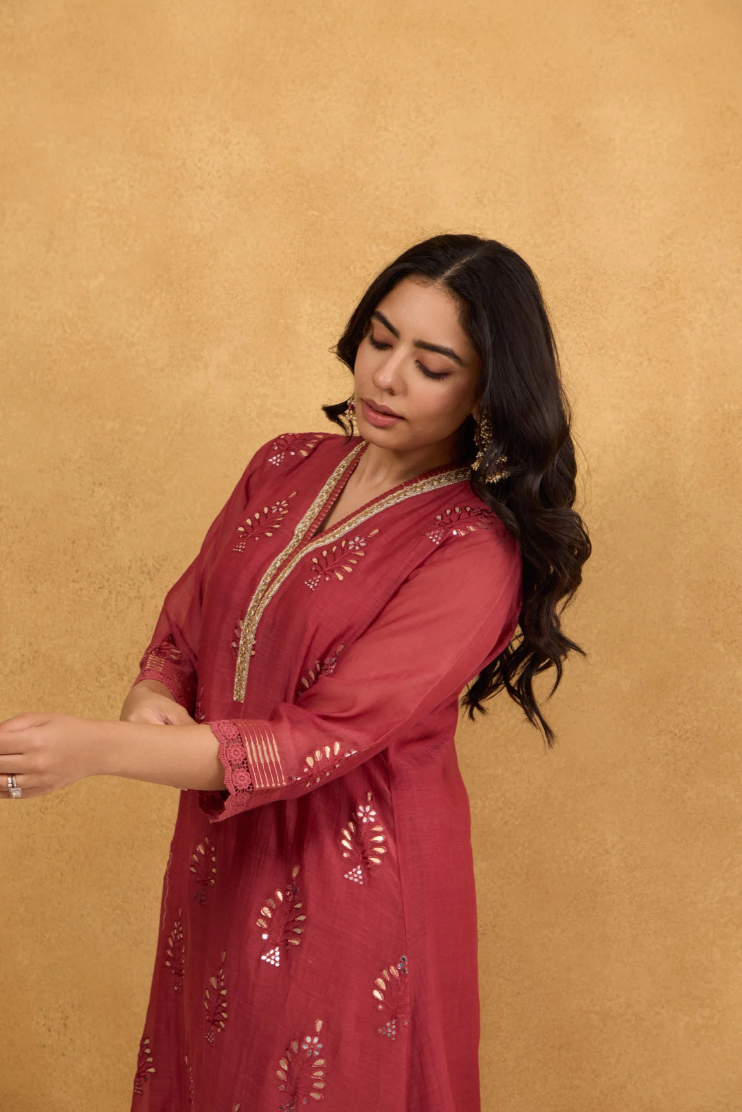 Brick Red Gota Embroidered Chanderi Kurta Set