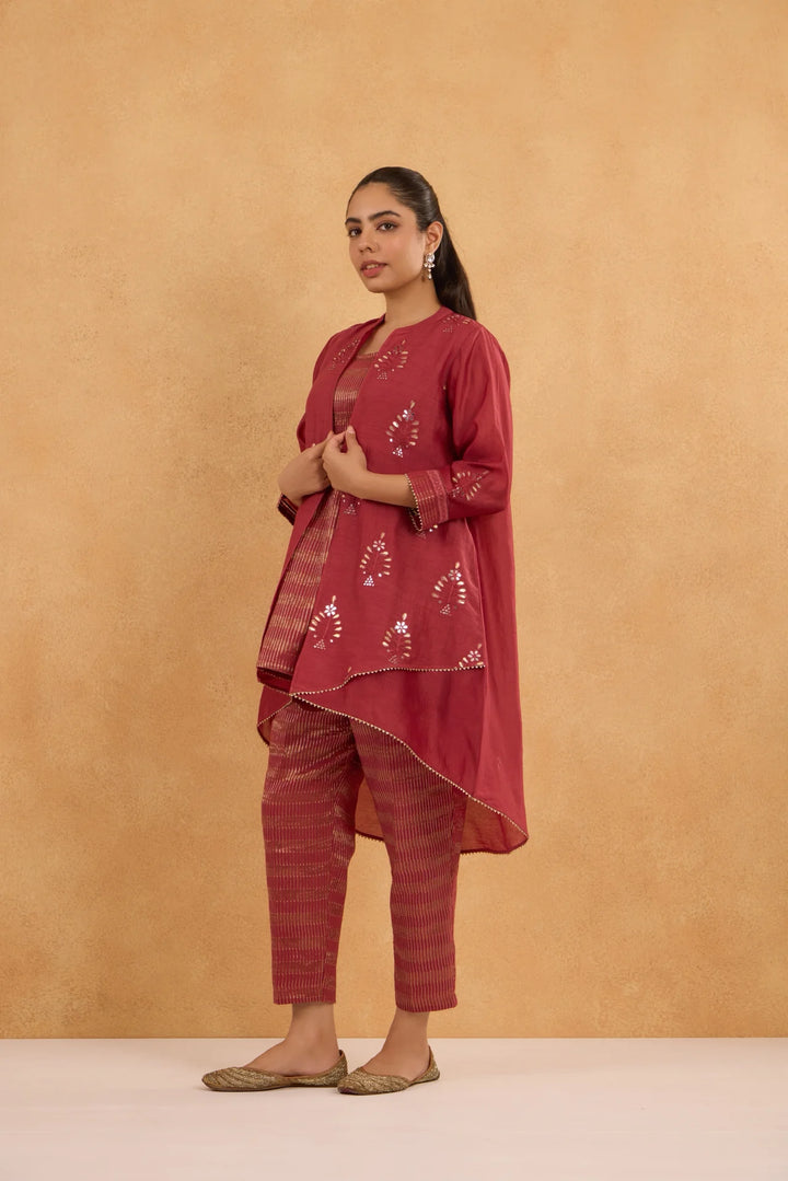 Brick Red High-Low Embroidered Jacket Set with Tissue Inner and Pants