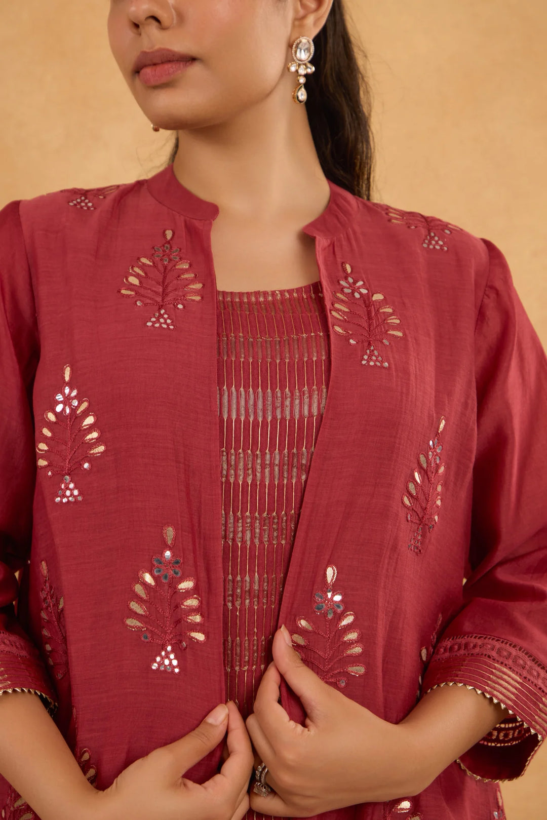 Brick Red High-Low Embroidered Jacket Set with Tissue Inner and Pants