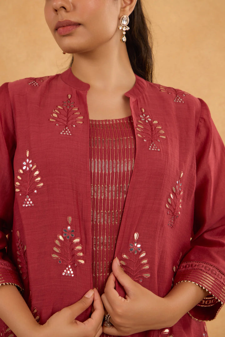 Brick Red High-Low Embroidered Jacket Set with Tissue Inner and Pants
