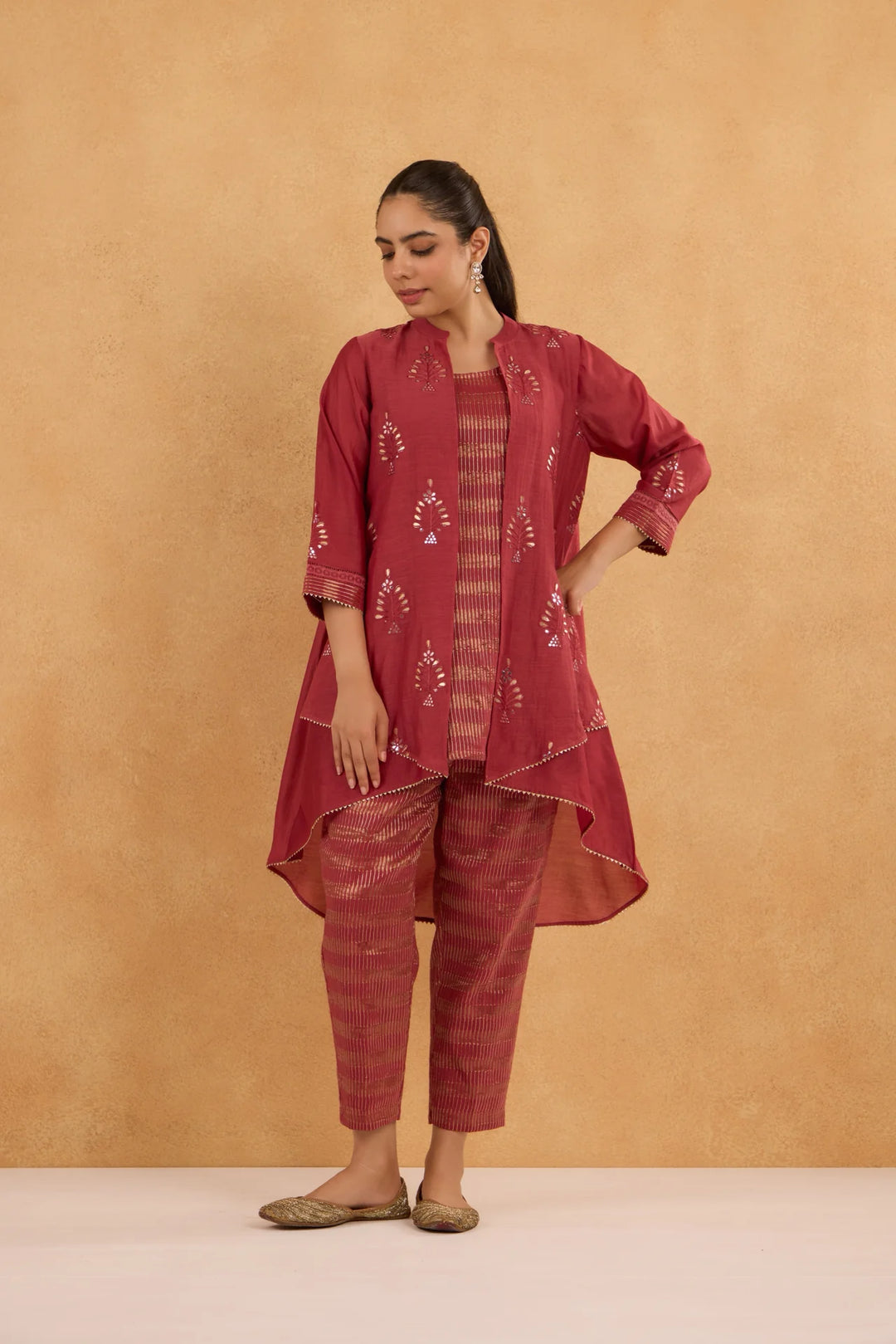 Brick Red High-Low Embroidered Jacket Set with Tissue Inner and Pants