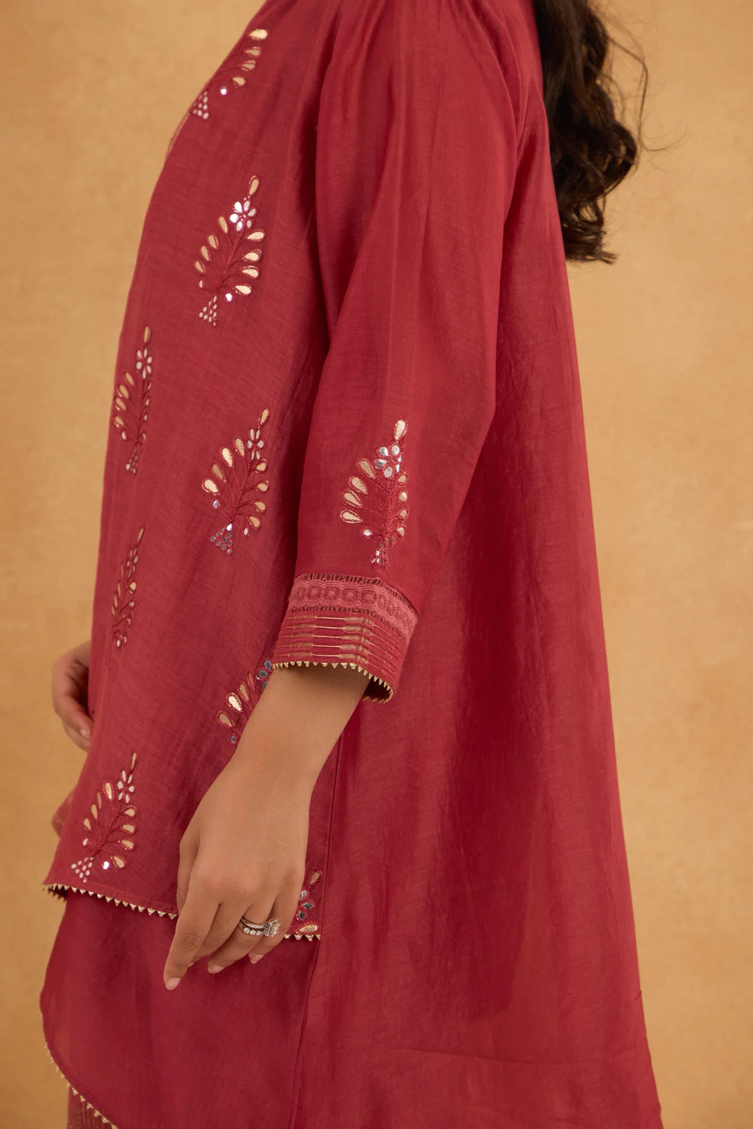 Brick Red High-Low Embroidered Jacket Set with Tissue Inner and Pants
