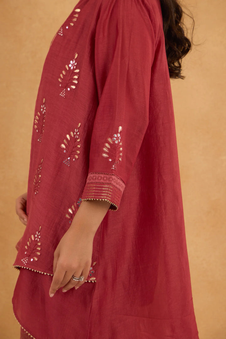 Brick Red High-Low Embroidered Jacket Set with Tissue Inner and Pants