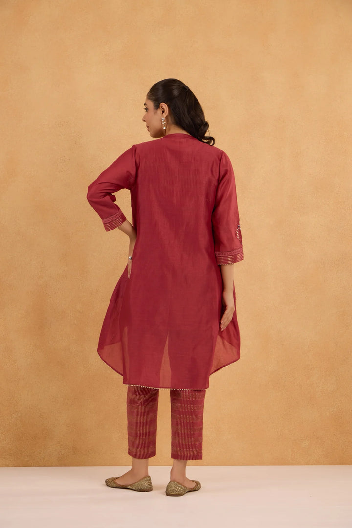 Brick Red High-Low Embroidered Jacket Set with Tissue Inner and Pants
