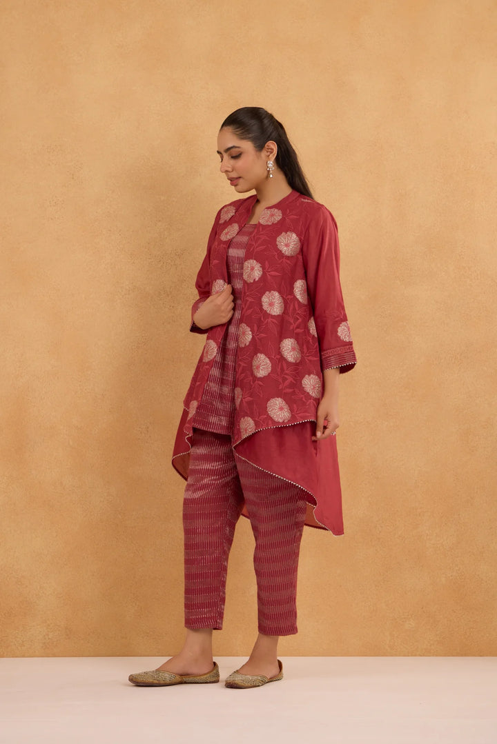 Brick Red High-Low Embroidered Chanderi Jacket Set with Tissue Inner and Pants