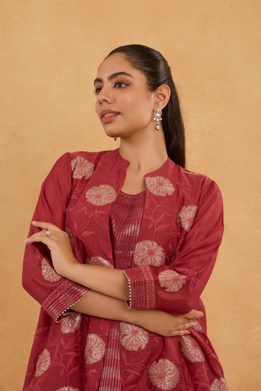 Brick Red High-Low Embroidered Chanderi Jacket Set with Tissue Inner and Pants