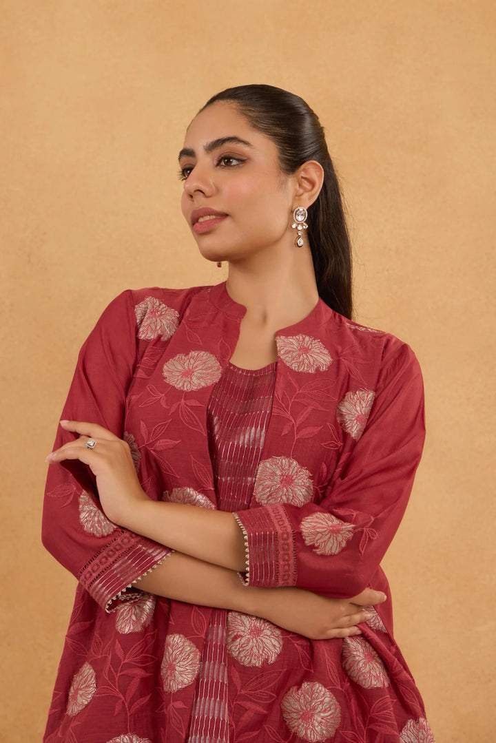 Brick Red High-Low Embroidered Chanderi Jacket Set with Tissue Inner and Pants