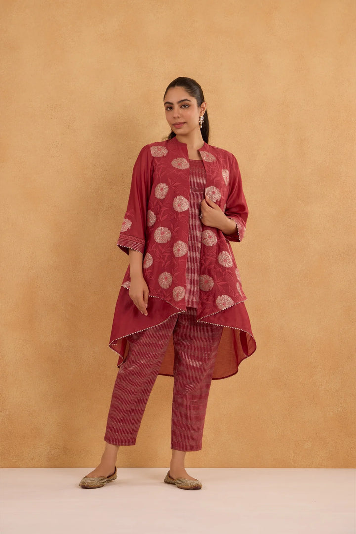 Brick Red High-Low Embroidered Chanderi Jacket Set with Tissue Inner and Pants