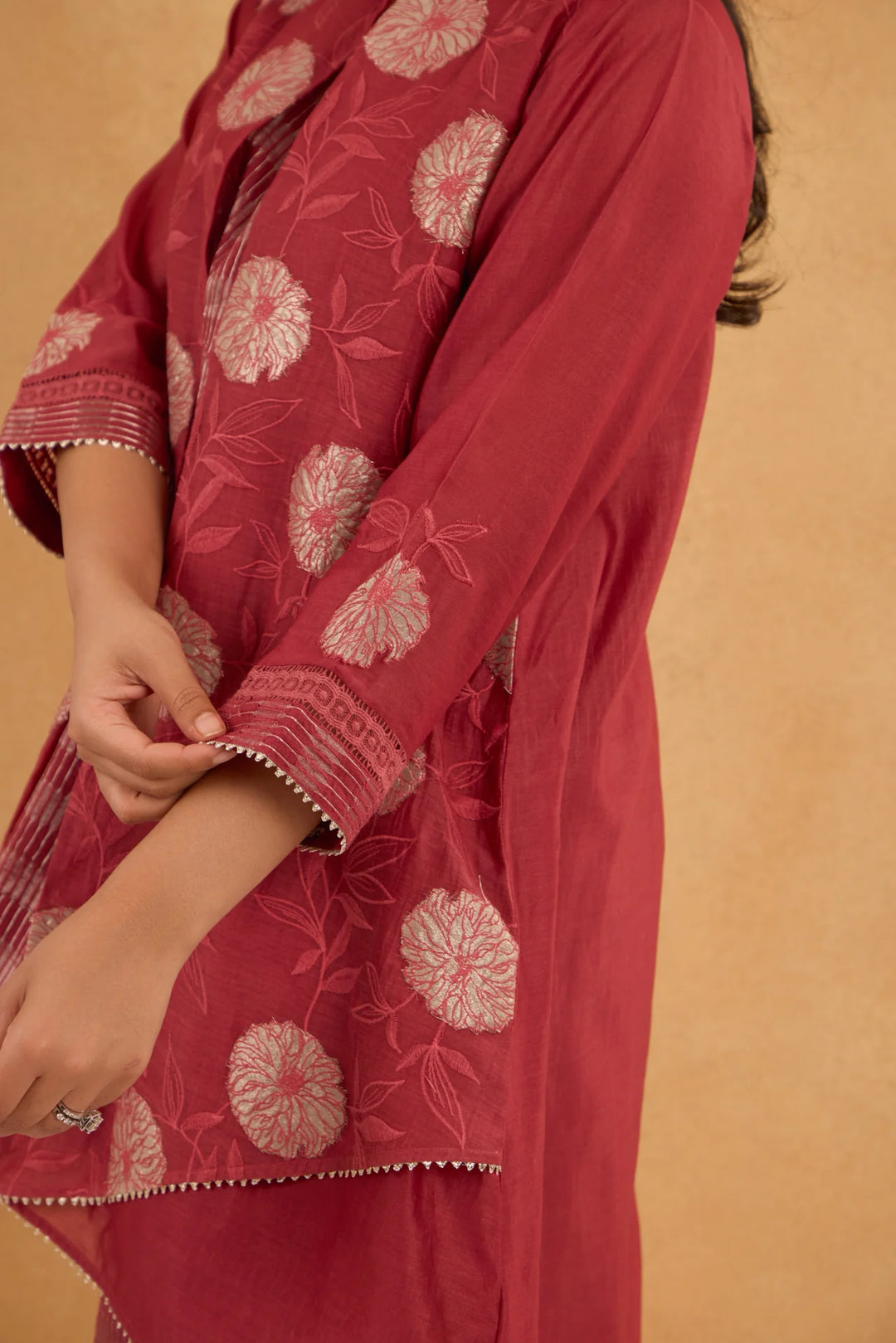 Brick Red High-Low Embroidered Chanderi Jacket Set with Tissue Inner and Pants