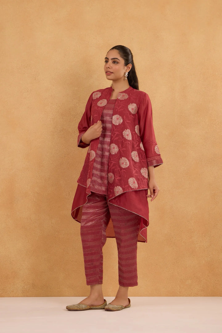 Brick Red High-Low Embroidered Chanderi Jacket Set with Tissue Inner and Pants
