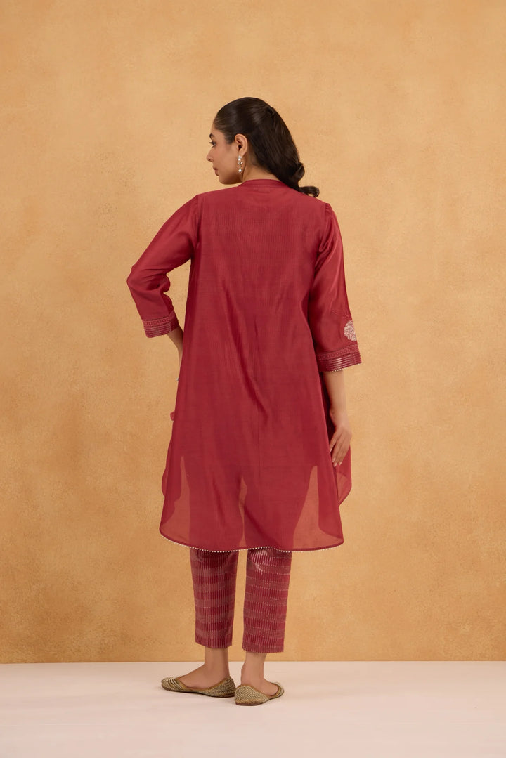 Brick Red High-Low Embroidered Chanderi Jacket Set with Tissue Inner and Pants