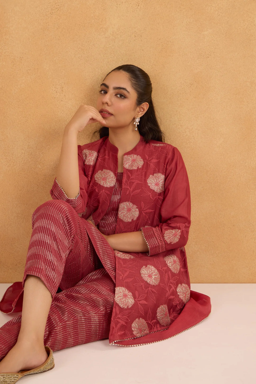 Brick Red High-Low Embroidered Chanderi Jacket Set with Tissue Inner and Pants