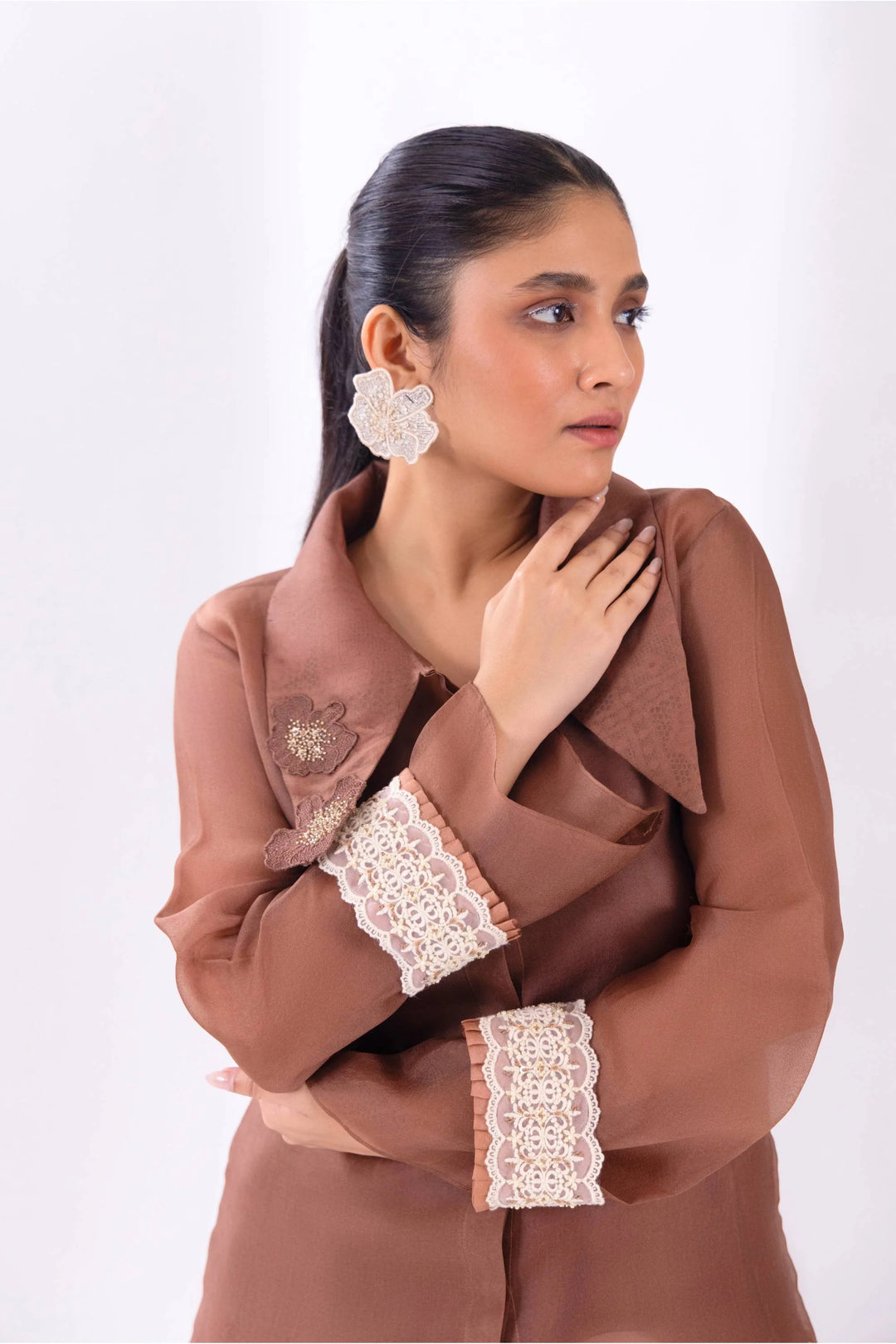 Brown Organza Long Collar Shirt