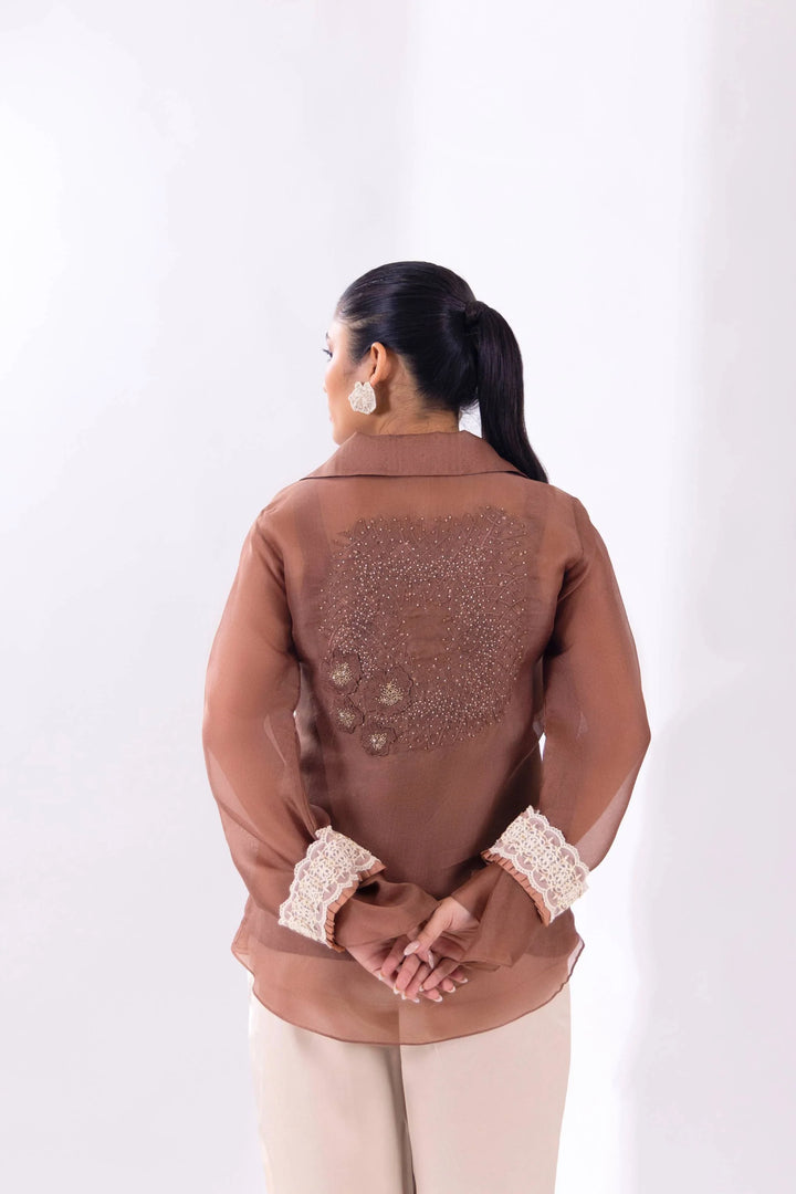 Brown Organza Long Collar Shirt