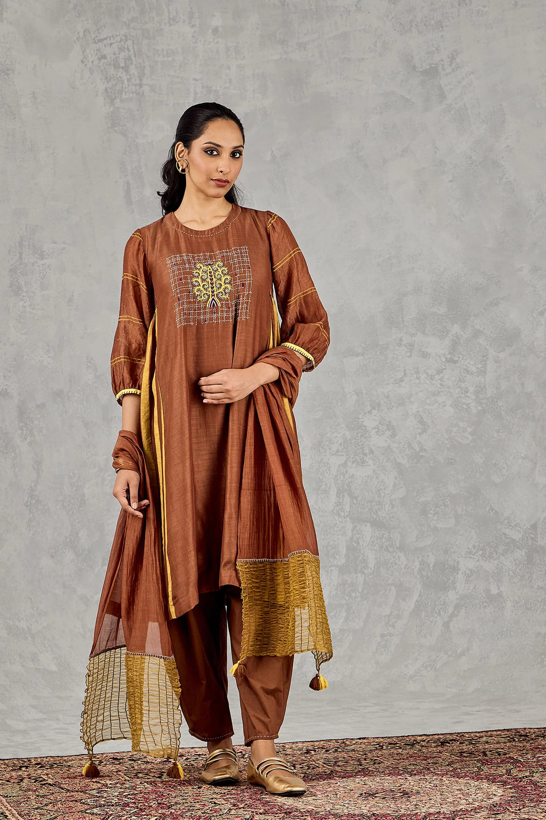 Brown Tree Embroidery Kurta Set