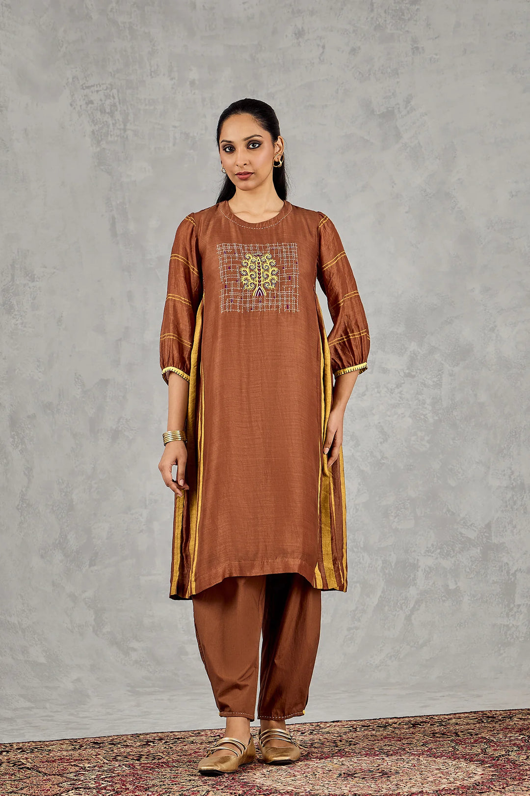 Brown Tree Embroidery Kurta Set