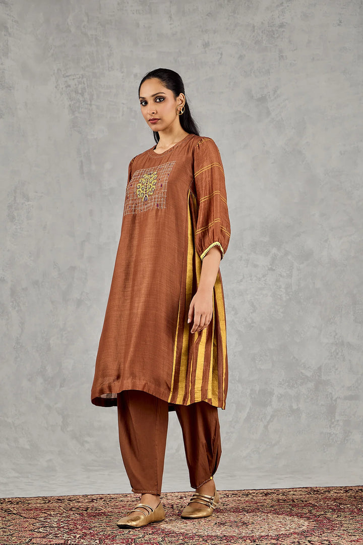 Brown Tree Embroidery Kurta Set